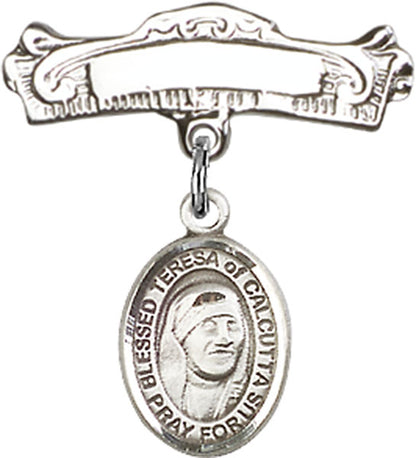 Personalized Baby Badge - Engraved Badge Pin with St. Teresa of Calcutta Charm