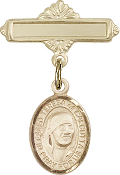 Personalized Baby Badge - Engraved Badge Pin with St. Teresa of Calcutta Charm