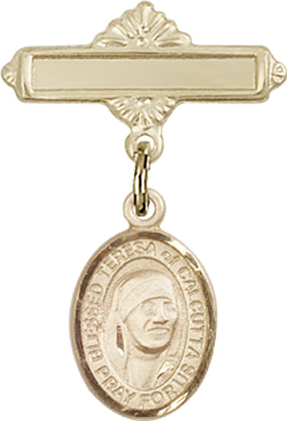 Personalized Baby Badge - Engraved Badge Pin with St. Teresa of Calcutta Charm