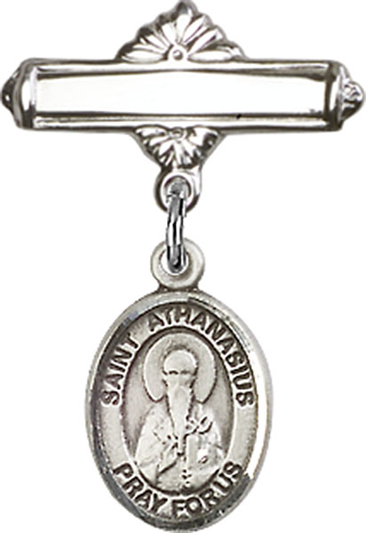 Personalized Baby Badge - Engraved Badge Pin with St. Athanasius Charm