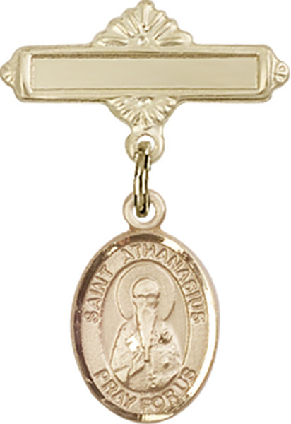 Personalized Baby Badge - Engraved Badge Pin with St. Athanasius Charm