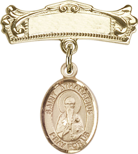 Personalized Baby Badge - Engraved Badge Pin with St. Athanasius Charm