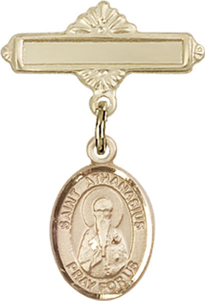 Personalized Baby Badge - Engraved Badge Pin with St. Athanasius Charm
