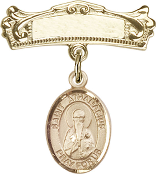 Personalized Baby Badge - Engraved Badge Pin with St. Athanasius Charm