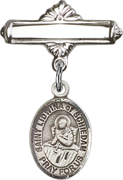 Personalized Baby Badge - Engraved Badge Pin with St. Lidwina of Schiedam Charm