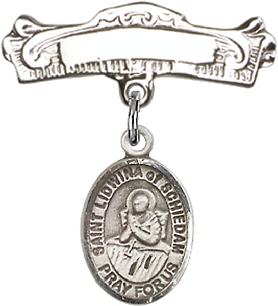 Personalized Baby Badge - Engraved Badge Pin with St. Lidwina of Schiedam Charm