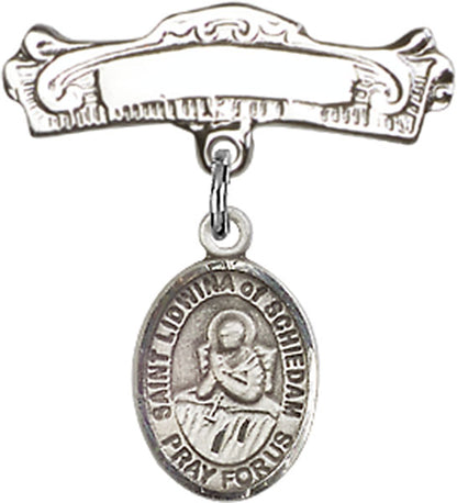 Personalized Baby Badge - Engraved Badge Pin with St. Lidwina of Schiedam Charm