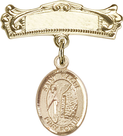 Personalized Baby Badge - Engraved Badge Pin with St. Fiacre Charm