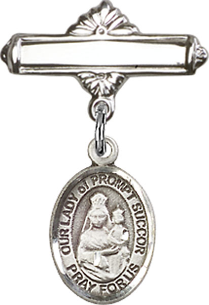Personalized Baby Badge - Engraved Badge Pin with Our Lady of Prompt Succor Charm