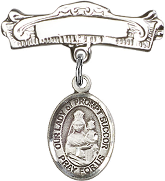 Personalized Baby Badge - Engraved Badge Pin with Our Lady of Prompt Succor Charm