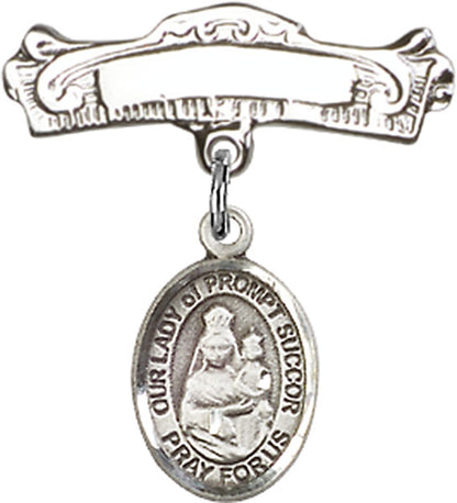 Personalized Baby Badge - Engraved Badge Pin with Our Lady of Prompt Succor Charm