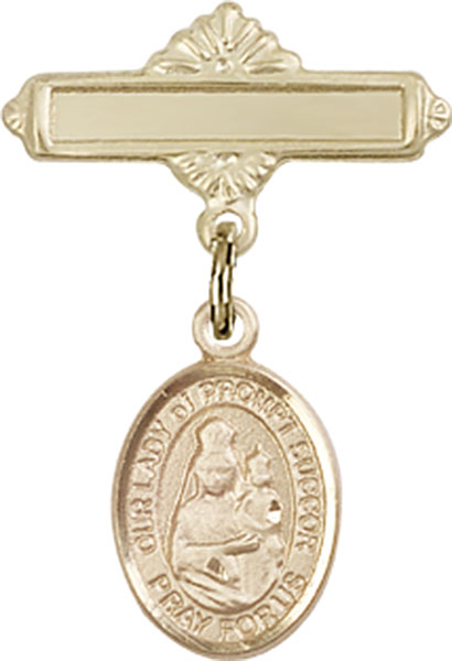 Personalized Baby Badge - Engraved Badge Pin with Our Lady of Prompt Succor Charm