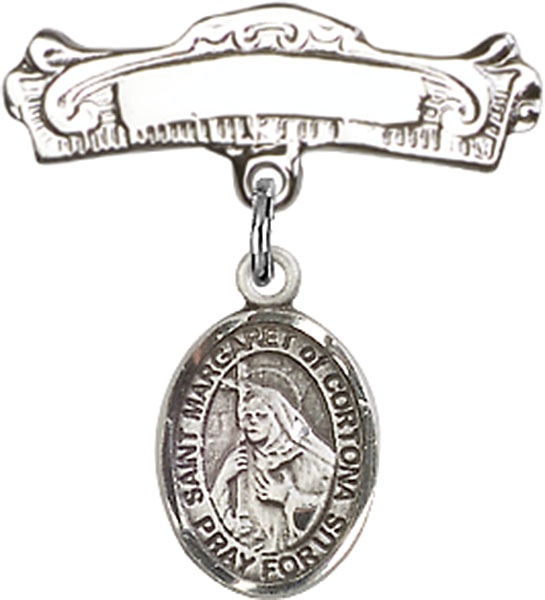Personalized Baby Badge - Engraved Badge Pin with St. Margaret of Cortona Charm