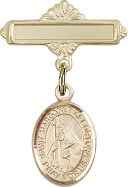 Personalized Baby Badge - Engraved Badge Pin with St. Margaret of Cortona Charm