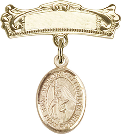 Personalized Baby Badge - Engraved Badge Pin with St. Margaret of Cortona Charm