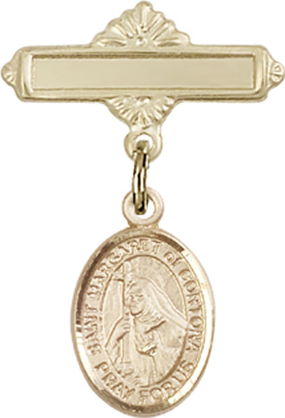 Personalized Baby Badge - Engraved Badge Pin with St. Margaret of Cortona Charm
