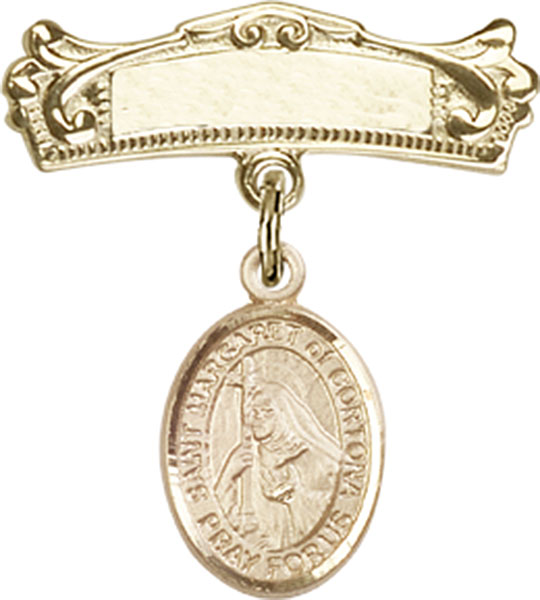 Personalized Baby Badge - Engraved Badge Pin with St. Margaret of Cortona Charm