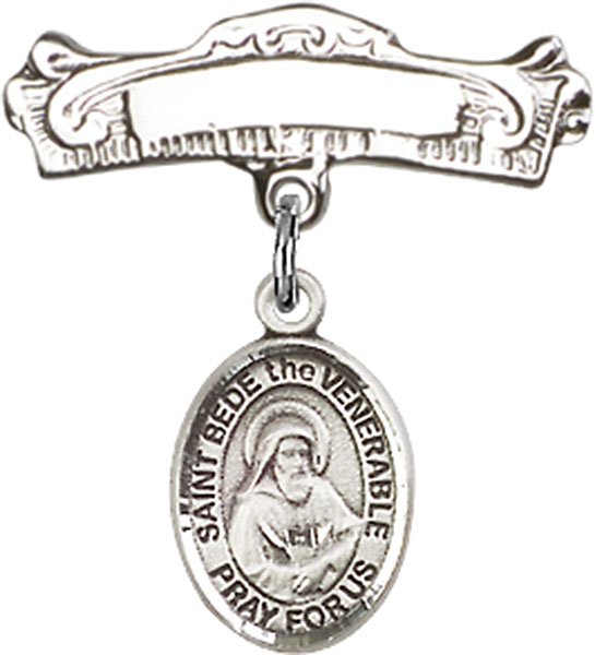 Personalized Baby Badge - Engraved Badge Pin with St. Bede the Venerable Charm