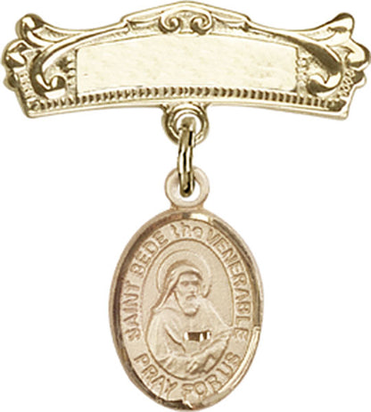Personalized Baby Badge - Engraved Badge Pin with St. Bede the Venerable Charm
