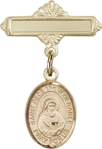 Personalized Baby Badge - Engraved Badge Pin with St. Bede the Venerable Charm