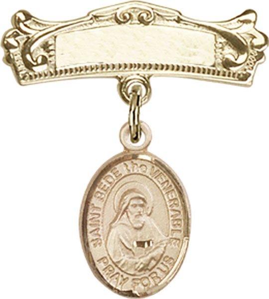 Personalized Baby Badge - Engraved Badge Pin with St. Bede the Venerable Charm