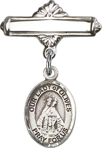 Personalized Baby Badge - Engraved Badge Pin with Our Lady of Olives Charm