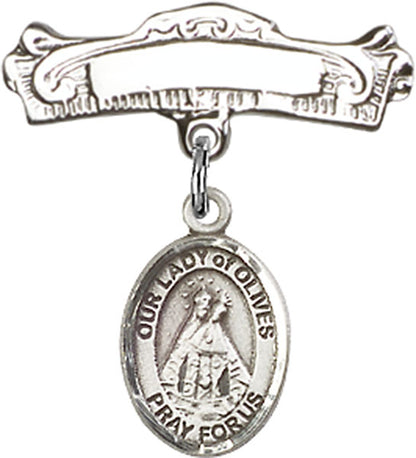 Personalized Baby Badge - Engraved Badge Pin with Our Lady of Olives Charm