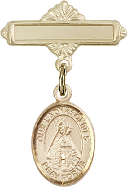 Personalized Baby Badge - Engraved Badge Pin with Our Lady of Olives Charm