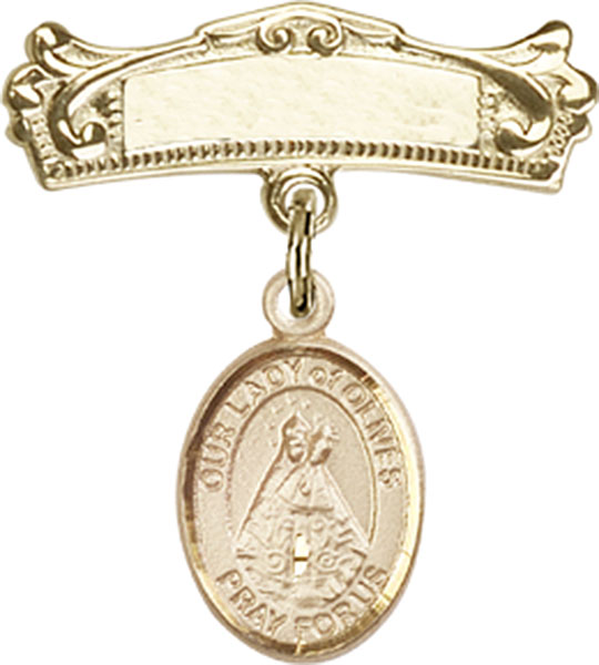 Personalized Baby Badge - Engraved Badge Pin with Our Lady of Olives Charm