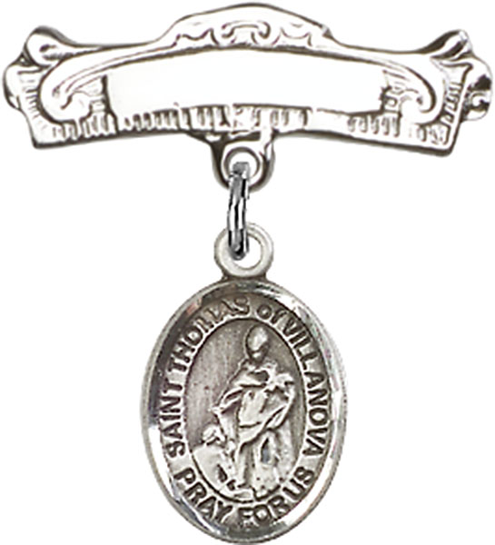 Personalized Baby Badge - Engraved Badge Pin with St. Thomas of Villanova Charm