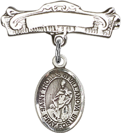 Personalized Baby Badge - Engraved Badge Pin with St. Thomas of Villanova Charm