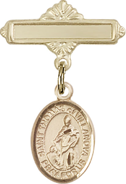 Personalized Baby Badge - Engraved Badge Pin with St. Thomas of Villanova Charm