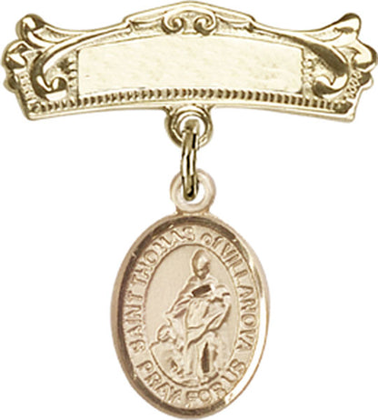 Personalized Baby Badge - Engraved Badge Pin with St. Thomas of Villanova Charm