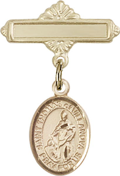 Personalized Baby Badge - Engraved Badge Pin with St. Thomas of Villanova Charm