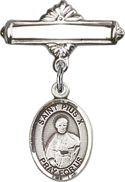 Personalized Baby Badge - Engraved Badge Pin with St. Pius X Charm