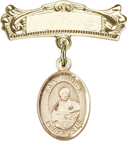 Personalized Baby Badge - Engraved Badge Pin with St. Pius X Charm