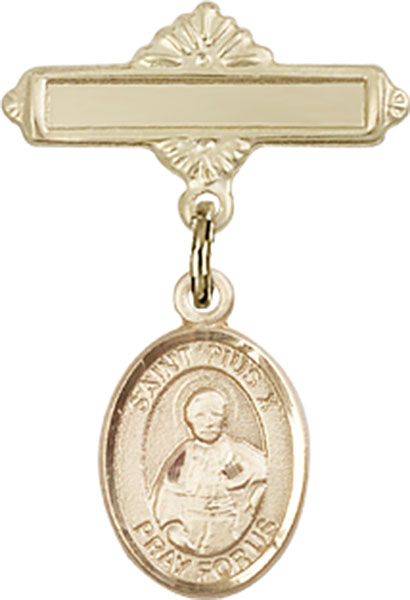 Personalized Baby Badge - Engraved Badge Pin with St. Pius X Charm