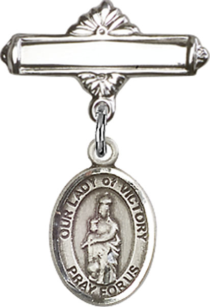 Personalized Baby Badge - Engraved Badge Pin with Our Lady of Victory Charm