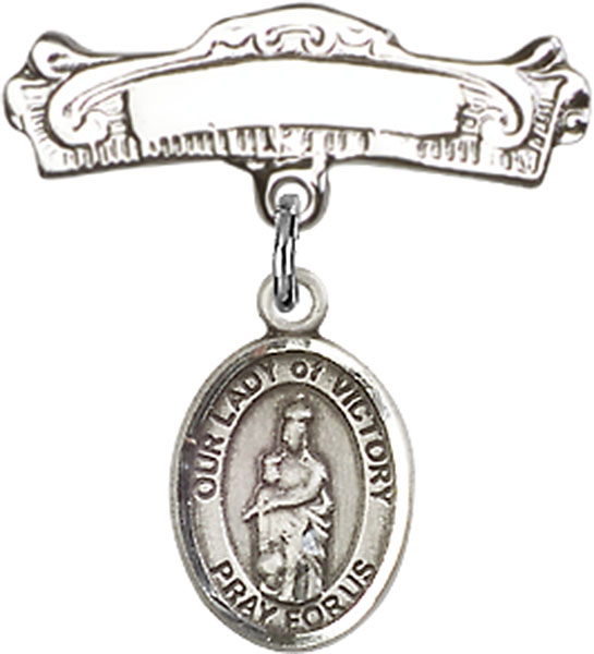 Personalized Baby Badge - Engraved Badge Pin with Our Lady of Victory Charm