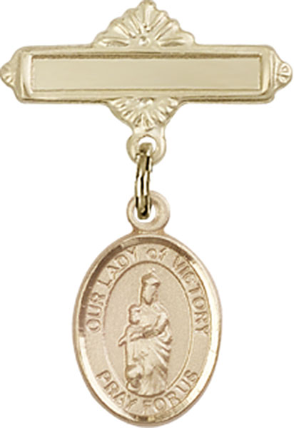 Personalized Baby Badge - Engraved Badge Pin with Our Lady of Victory Charm