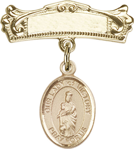 Personalized Baby Badge - Engraved Badge Pin with Our Lady of Victory Charm