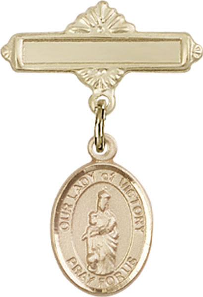 Personalized Baby Badge - Engraved Badge Pin with Our Lady of Victory Charm
