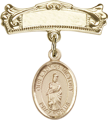 Personalized Baby Badge - Engraved Badge Pin with Our Lady of Victory Charm