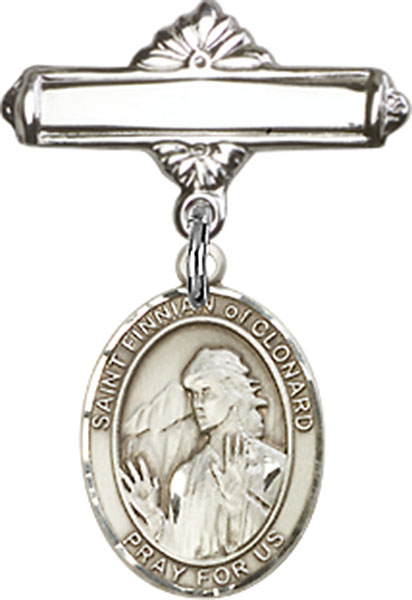 Personalized Baby Badge - Engraved Badge Pin with St. Finnian of Clonard Charm