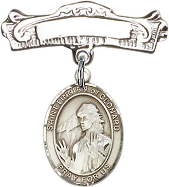 Personalized Baby Badge - Engraved Badge Pin with St. Finnian of Clonard Charm