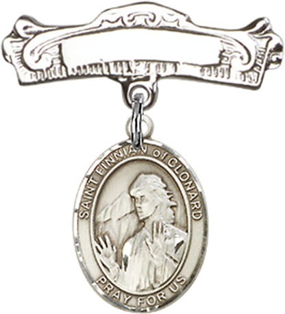 Personalized Baby Badge - Engraved Badge Pin with St. Finnian of Clonard Charm
