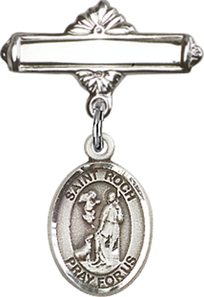 Personalized Baby Badge - Engraved Badge Pin with St. Roch Charm