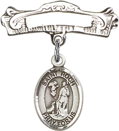 Personalized Baby Badge - Engraved Badge Pin with St. Roch Charm