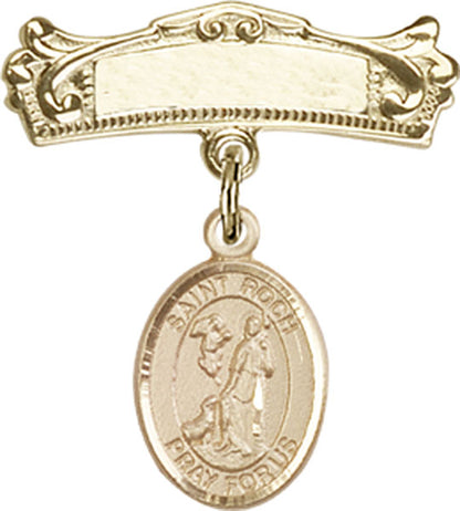 Personalized Baby Badge - Engraved Badge Pin with St. Roch Charm