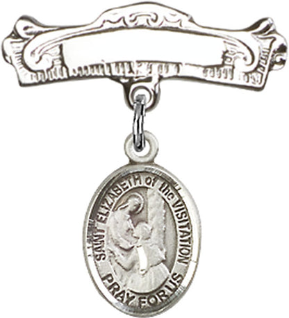 Personalized Baby Badge - Engraved Badge Pin with St. Elizabeth of the Visitation Charm